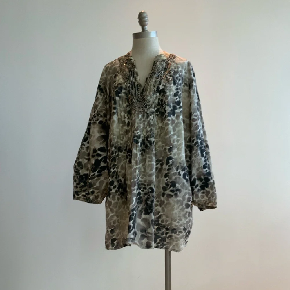 JM Collection Fun Tan and Brown Long Sleeve A-line Tunic 20W - Picture 1 of 6